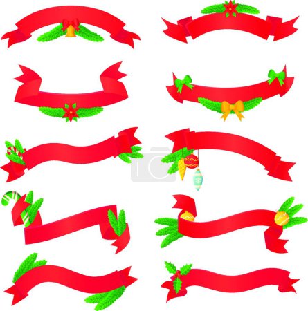 Photo pour "Ensemble de rubans de Noël rouges avec décoration de branche de pin de nouvelle année dans un style de dessin animé réaliste." - image libre de droit