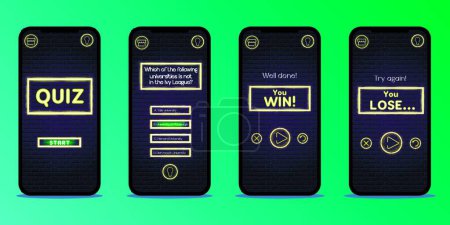 Illustration for "Vector mockup of mobile app game quiz intellectual contest of main screen, choice of answers and question, win screen and lose screen on brick wall background with neon sign and icons." - Royalty Free Image