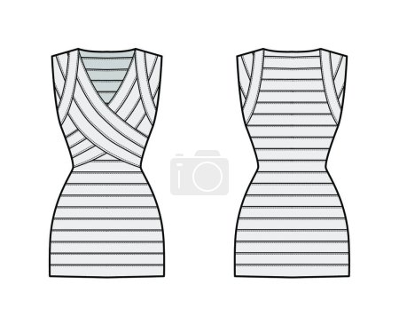 Illustration for "Bandage dress technical fashion illustration with V-neck, sleeveless, fitted body, elasticated, mini length, pencil cut" - Royalty Free Image