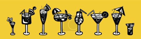 Ilustración de Conjunto de ilustraciones vectoriales de vasos de cócteles con burbujas, piña, paraguas, rodaja de limón, cereza, fresas, hielo y bayas. - Imagen libre de derechos