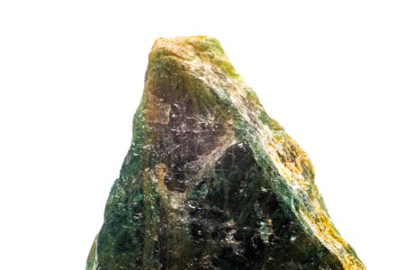 Raw uncut macro-focused Deep green Aventurine, green quartz crystal chunk isolated on a white surface background