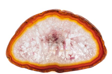 White, dark and light orange and red semi-transparent agate slice crystal, banded chalcedony stone isolated on a white background surface with detail. Abstract crystal image with lots of copy space