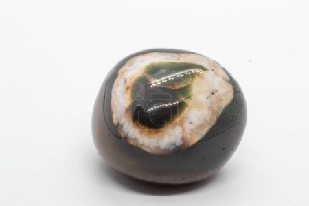 Macro tumbled dark green and brown sardonyx crystal, agate crystal with a circle of white calcite mineral isolated on a white surface background