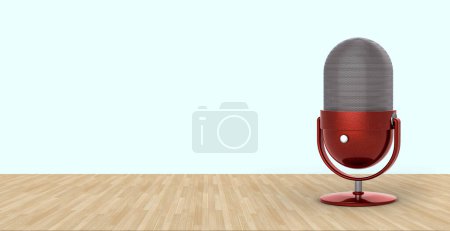Foto de Table microphone in red color for Podcast on a wooden table and light blue background. Panoramic image. 3D rendering. - Imagen libre de derechos