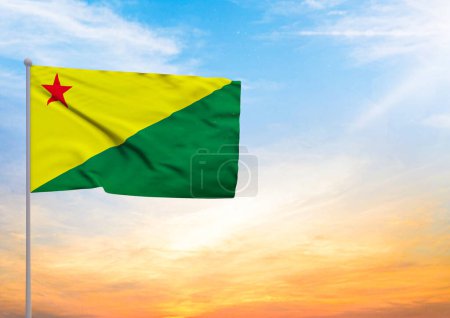 3D illustration of a Acre flag extended on a flagpole and in the background a beautiful sky with a sunset