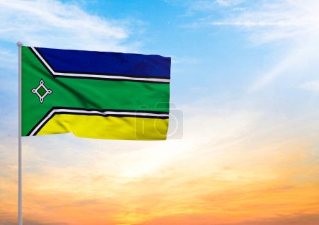 3D illustration of a Amapa flag extended on a flagpole and in the background a beautiful sky with a sunset