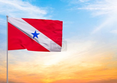 3D illustration of a Para flag extended on a flagpole and in the background a beautiful sky with a sunset