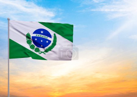 3D illustration of a Parana flag extended on a flagpole and in the background a beautiful sky with a sunset