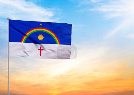 3D illustration of a Pernambuco flag extended on a flagpole and in the background a beautiful sky with a sunset