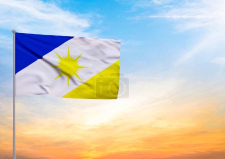 3D illustration of a Tocantins flag extended on a flagpole and in the background a beautiful sky with a sunset