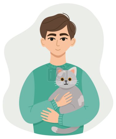 Ilustración vectorial de un niño con gato en sus manos. Concepto colorido en estilo plano