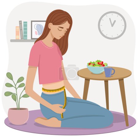 Vector illustration of a woman with an eating disorder sits by the table. oncept of anorexia bulimia problem