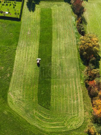 Téléchargez les photos : Aerial view of a tractor mowing a green fresh grass field, a farmer in a modern tractor mowing a green fresh grass field on a sunny day. High quality photo - en image libre de droit