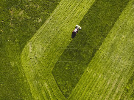 Foto de Vista aérea de un tractor segando un campo verde de hierba fresca, un agricultor en un tractor moderno segando un campo verde de hierba fresca en un día soleado. Foto de alta calidad - Imagen libre de derechos