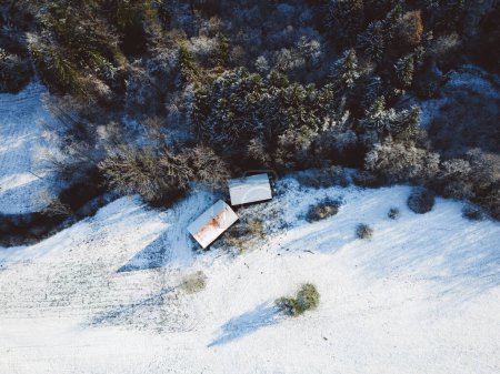 Téléchargez les photos : Vue aérienne de deux petites maisons près de la forêt, neige sur le terrain, journée d'hiver ensoleillée. - en image libre de droit