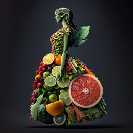 Foto de Representación 3D de una silueta de mujer hecha de frutas y verduras, concepto de moda, abstracto, arte. - Imagen libre de derechos