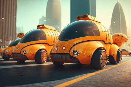 Foto de 3d renderizado naranja taxi futurista en la ciudad futurista de conducción en la carretera. - Imagen libre de derechos