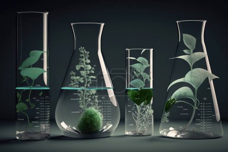 Foto de Colección de cristalería química con plantas en el interior en laboratorio sobre fondo de color oscuro. Ilustración realista 3d - Imagen libre de derechos