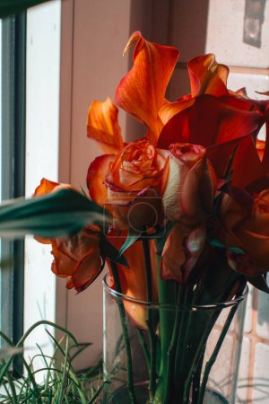 Téléchargez les photos : Un bouquet coloré de roses rouges et oranges se trouve dans un vase sur un rebord de fenêtre, baigné de lumière du soleil. - en image libre de droit