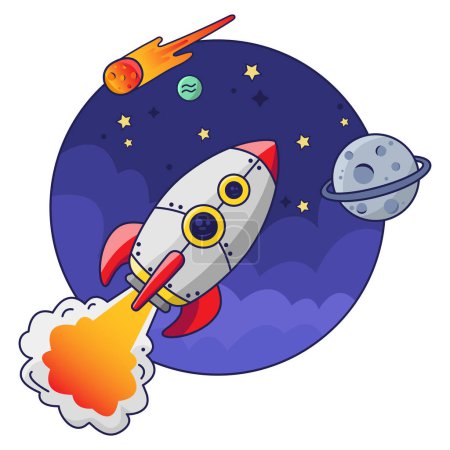 Vector illustration in cartoon style. Rocket in space. Against the background of clouds, stars, a comet and a planet.