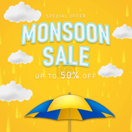 monsoon season banner sale with 3d clouds and umbrella