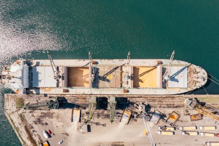 Photo for Aerial Top down view Black Sea port Loading of dry cargo ship with ukranian grain by cranes. Maritime grain Import and export concept - Royalty Free Image