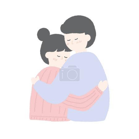Hand drawn illustration of lovers snuggling together.