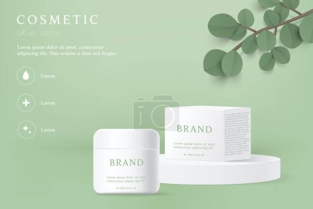 Téléchargez les illustrations : Modèle d'annonces de produits cosmétiques et de soins de la peau sur fond vert avec des feuilles. - en licence libre de droit