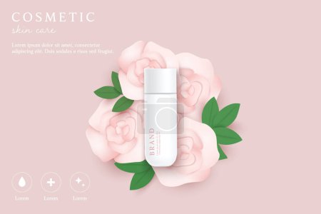 Téléchargez les illustrations : Cosmetics and skin care product ads template on pink background with flowers and leaves. - en licence libre de droit