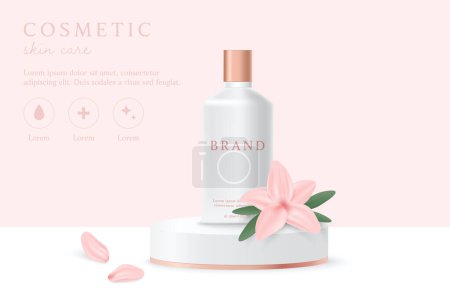 Illustration for Cosmetics and skin care product ads template on pink background with flowers and leaves. - Royalty Free Image