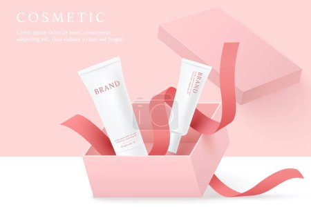 Téléchargez les illustrations : Cosmetics and skin care product ads template on pink background with gift box and ribbon. - en licence libre de droit