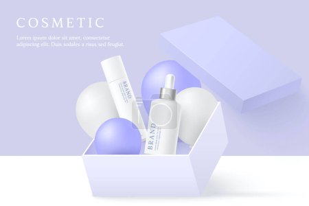 Téléchargez les illustrations : Cosmetics and skin care product ads template in purple gift gift box with balloons. - en licence libre de droit