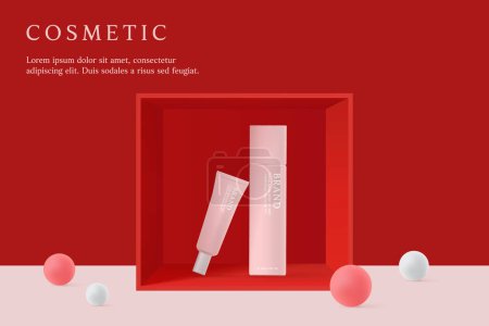 Téléchargez les illustrations : Cosmetics and skin care product ads template on red background with box. - en licence libre de droit