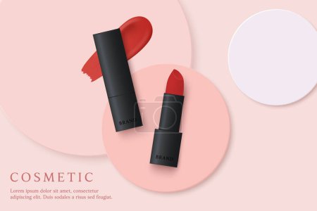 Téléchargez les illustrations : Cosmetics product ads template on pink background with lipsticks. - en licence libre de droit
