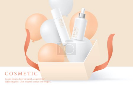 Téléchargez les illustrations : Cosmetics and skin care product ads template in orange gift box with balloons. - en licence libre de droit