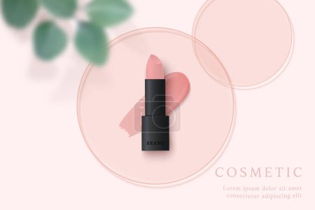Téléchargez les illustrations : Modèle d'annonces de produits cosmétiques sur fond rose avec des rouges à lèvres et des feuilles. - en licence libre de droit