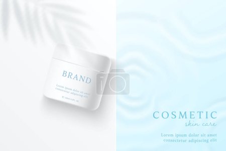 Téléchargez les illustrations : Modèle d'annonces de produits cosmétiques et de soins de la peau sur fond d'eau bleue avec ombre de feuilles. - en licence libre de droit