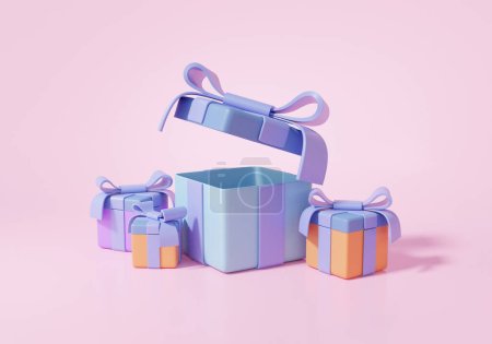 Minimal Surprise Geschenkschachtel oder Offene Geschenkschachtel leer isometrisch auf rosa Pastell Hintergrund. Festkonzept. Cartoon-Stil. 3D-Darstellung