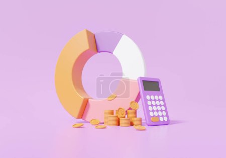 Taschenrechner und Münzen stapeln, Finanzgraphische Wirtschaftsanalyse. Kostensenkendes Bildungskonzept. auf violettem Hintergrund. 3D-Darstellung