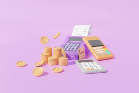 Terminal Pos et calculatrice avec pile de pièces flottantes, concept de paiements. minimal mignon lisse sur fond violet. Illustration de rendu 3D