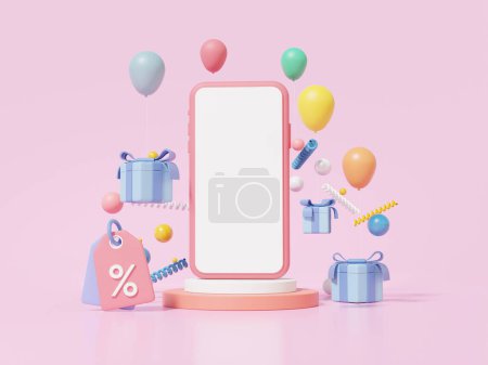 Mobile mockup empty white screen and balloon floating on pink background, discount, promotion, website, shopping online concept. 3d render illutration