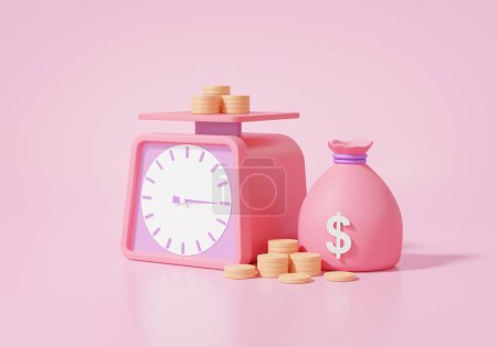 Photo for 3D Market shopping idea. Diet weighing scales with stack coins bag isometric. finance business investment, buy, sell, on pink background. 3d render illustration - Royalty Free Image