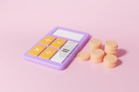 Taschenrechner und Münzen stapeln isometrischen minimalen Cartoon-Stil. Kostensenkendes Bildungskonzept. auf rosa Hintergrund. 3D-Darstellung
