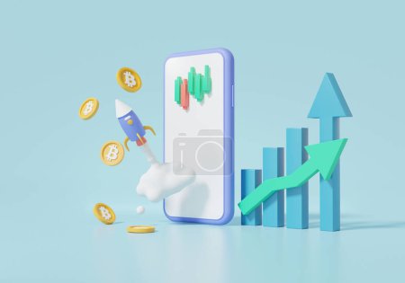 Cryptocurrency trading to the moon or bitcoin buy, sell, with mobile finance business investment. growth statistics trading concept. banner, exchange, cartoon minimal. 3d render illustration