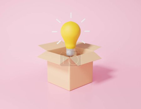 Concepto de idea de inicio. bombilla amarilla flotando en la caja de paquetes competencia fondo rosa combinar la inversión, la invención, el apoyo al proyecto. ilustración de renderizado 3d