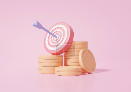 Photo for 3D stack coins, target planning business financial growth cost reduction saving investment education concept. minimal cartoon on pink background. 3d render illustration - Royalty Free Image