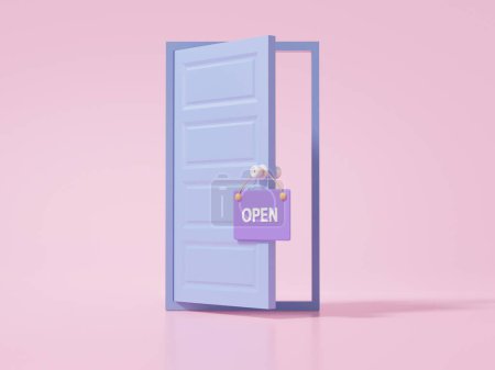 Photo for 3D open door icon on pink background Shopping online concept. minimal cartoon, advertise, discount, promotion, sale, banner, website. 3d render illustration. - Royalty Free Image
