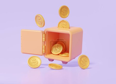 Münzen Dollar Safe schwimmt mit Sicherheit, verdienen Finance spart Geld Konzept. Minimaler Cartoon-Stil auf lila Pastellgrund, Reichtum. 3D-Darstellung