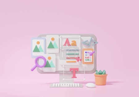 Computer loptop UI-UX web design. user interface application software development concept on pink background. 3D rendering illustration