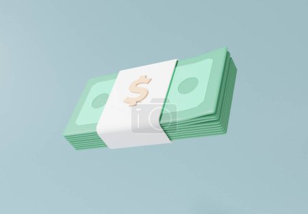 Billetes dólar verde efectivo flotando sobre fondo pastel. depósito de dinero, concepto de ahorro de presupuesto de costo. finanzas de inversión, dibujos animados mínimos, ilustración de renderizado 3D